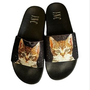 INC Black Glitter Rhinestone Cat Kitty Slides Size 6